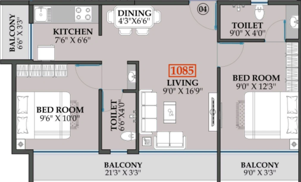 2 bhk floor plan one avenue