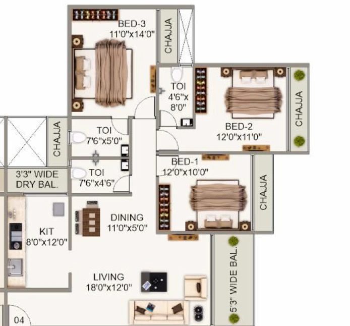 3 bhk floor plan celestia