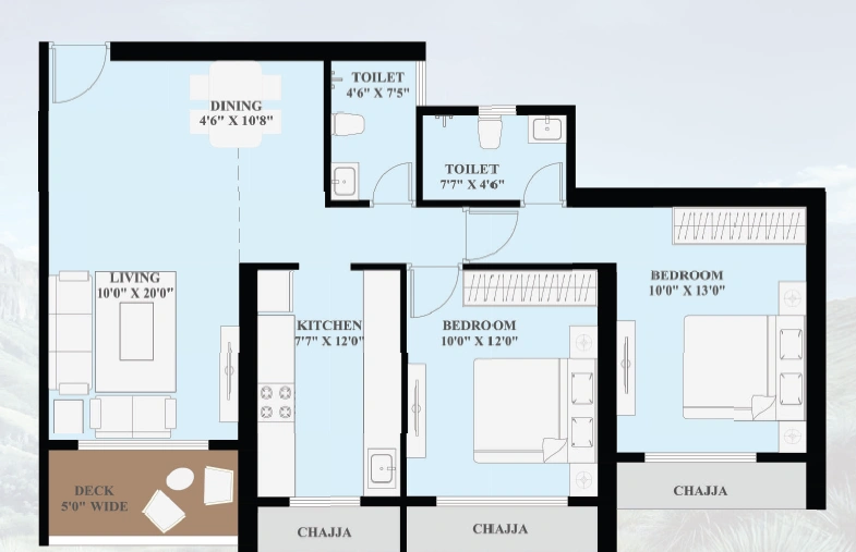 2 bhk floor plan codename waterfalls