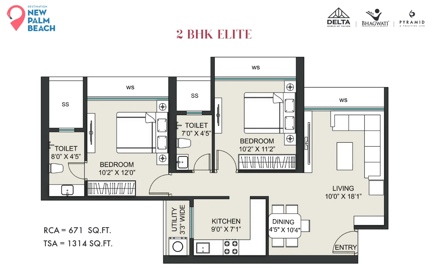 2 bhk floor plan Delta New Palm Beach 2