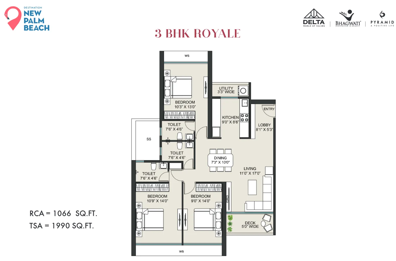 3 bhk floor plan Delta New Palm Beach