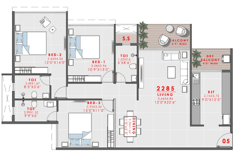 3 bhk floor plan domus 2
