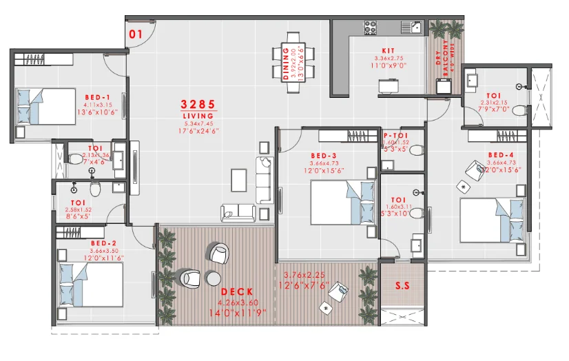 4 bhk floor plan domus