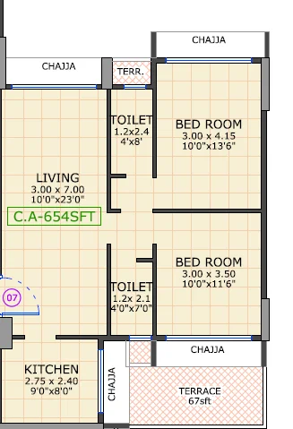 2 bhk floor plan gami group