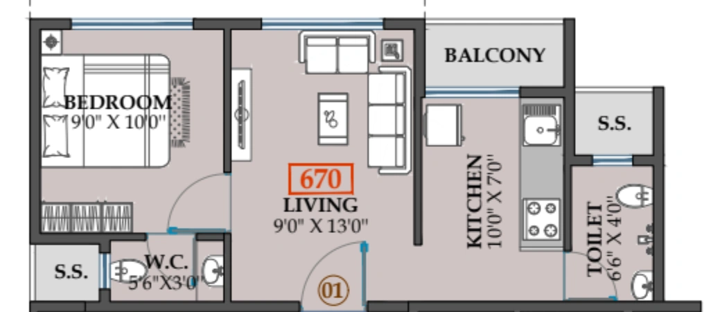 1 bhk floor plan gunina hastak