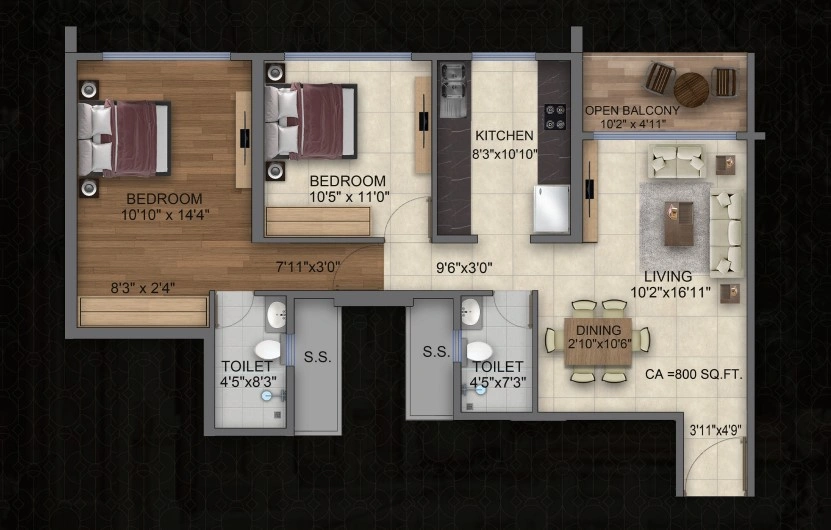 2 bhk floor plan jewel crest