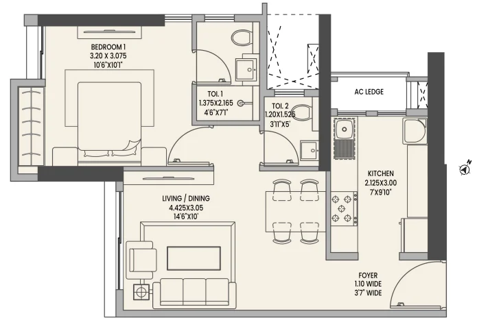 2 bhk floor plan k raheja corp