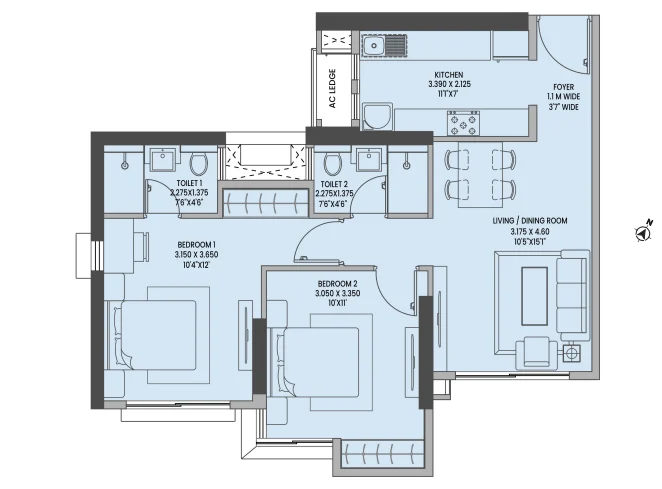 2 bhk floor plan k raheja corp
