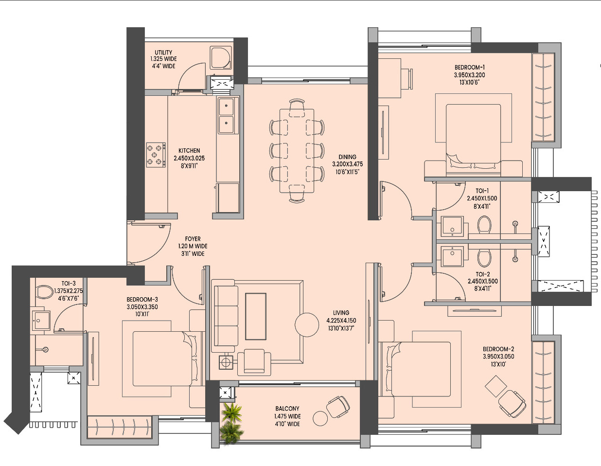 3 bhk floor plan k raheja jade city