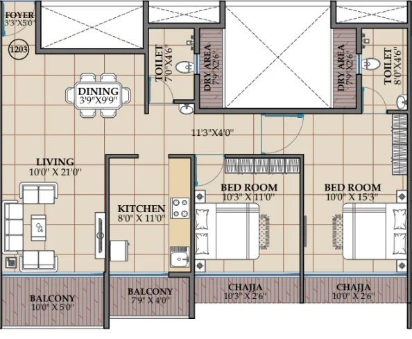 2 bhk floor plan NMS One27