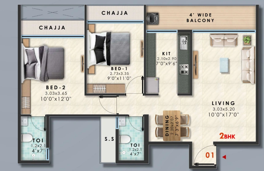 2 bhk floor plan one avenue