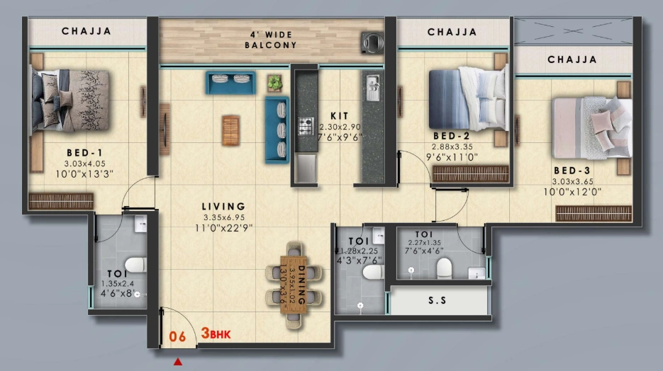 3 bhk floor plan one avenue