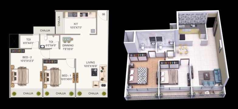 2 bhk floor plan one valencia