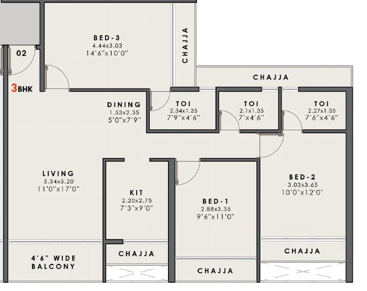 3 bhk floor plan one vaviya