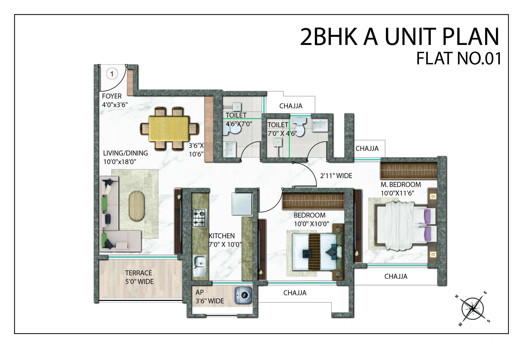 2 bhk floor plan rainbow life