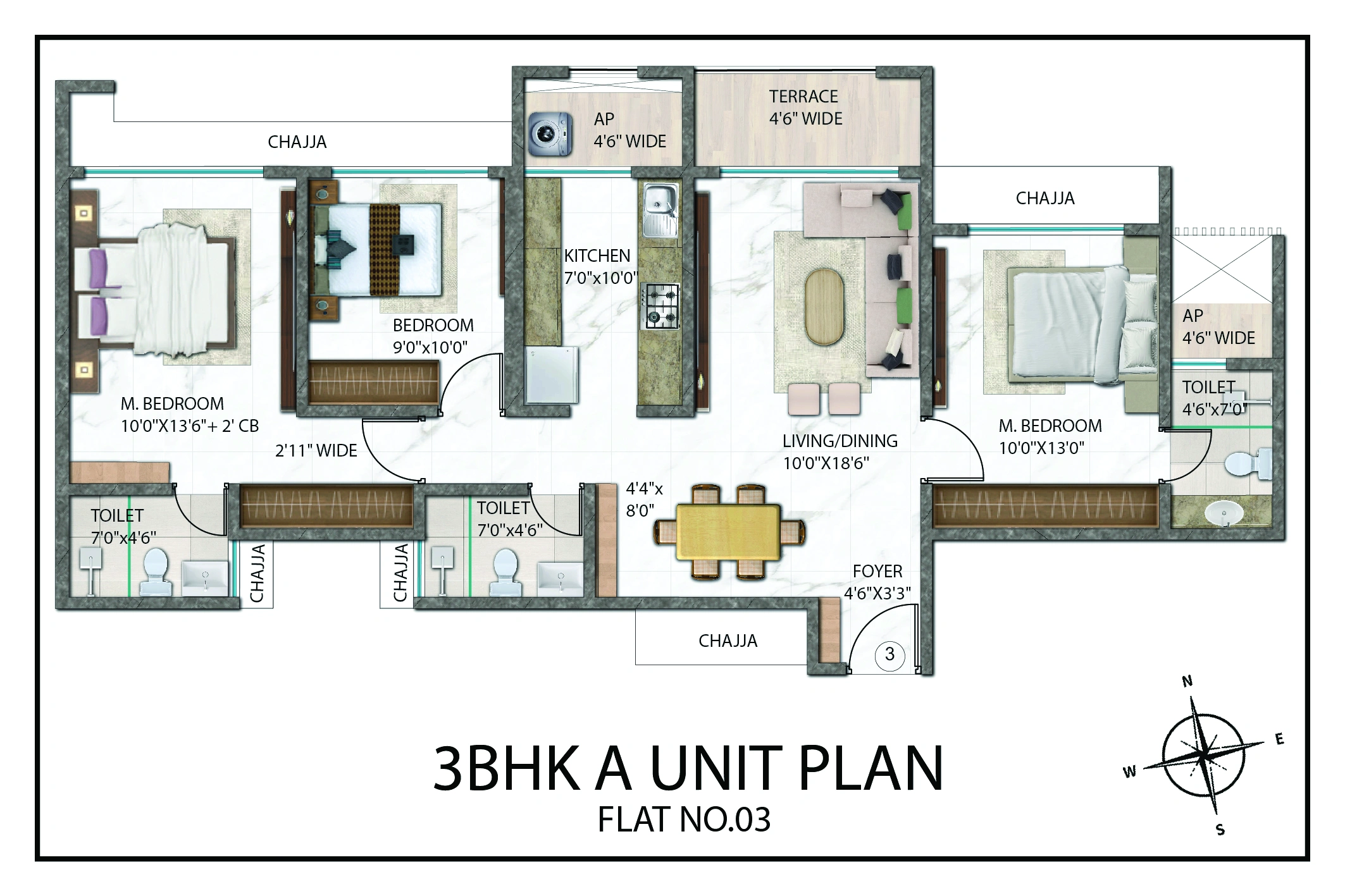 3 bhk floor plan rainbow life