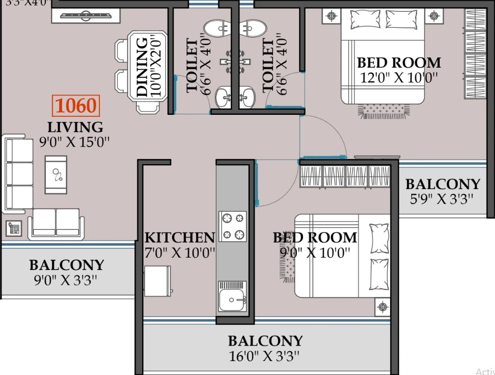2 bhk floor plan Reddy 26 Icon