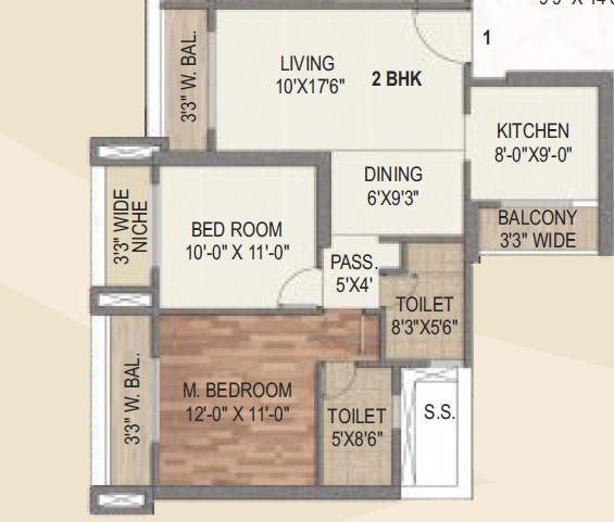 2 bhk floor plan sai world city