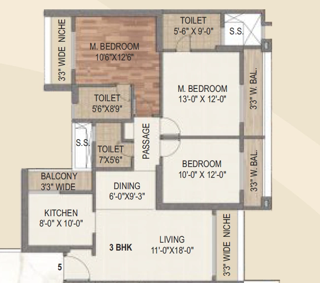 3 bhk floor plan sai world city