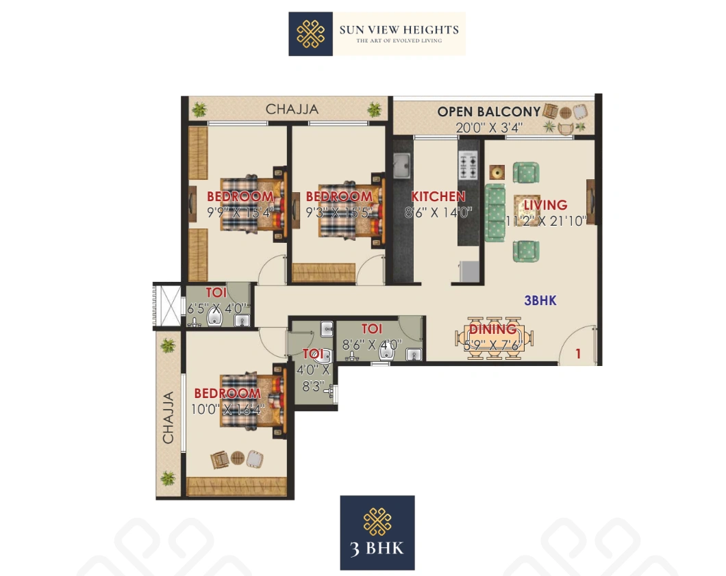 3 bhk floor plan sun view heights