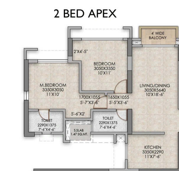2 bhk floor plan ten x era