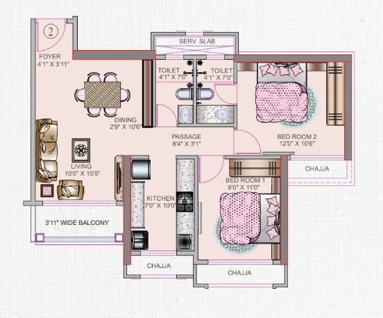 2 bhk floor plan Tharwani Palladian