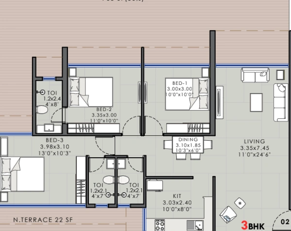 3 bhk floor plan tulip emerald