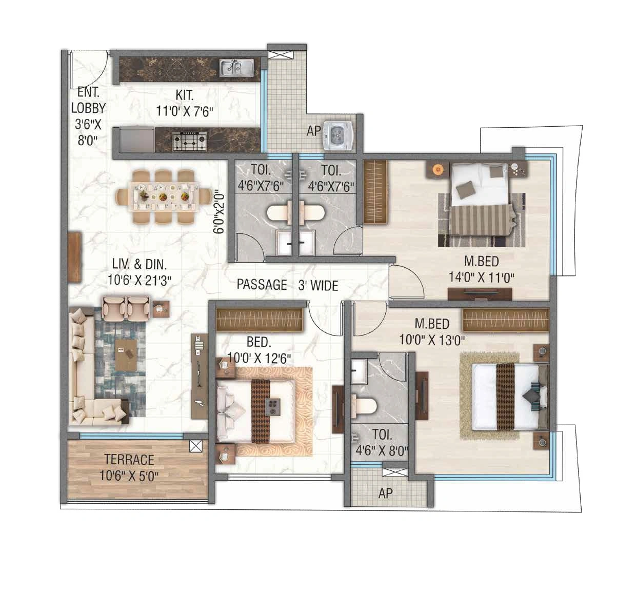 3 bhk floor plan urban palace